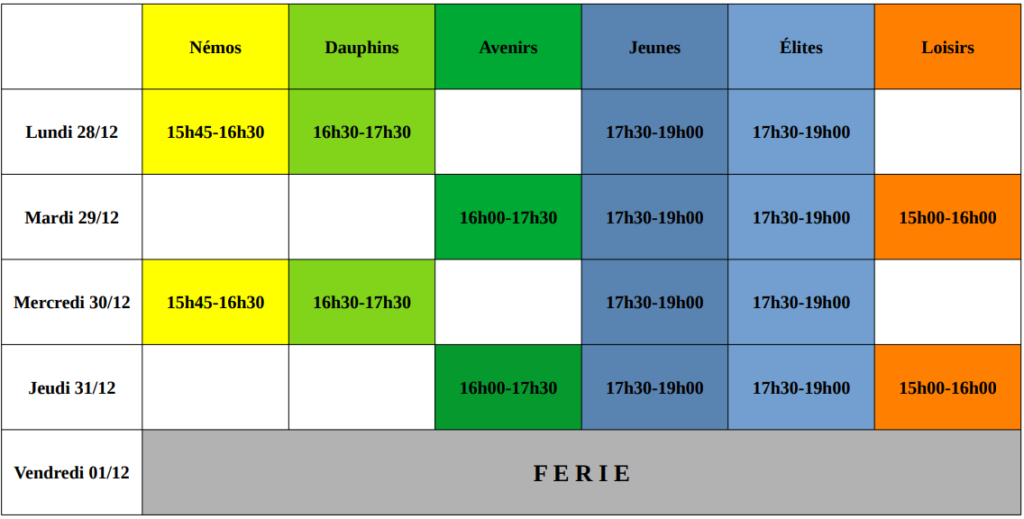 horaires deuxième semaine des vacances de Noël